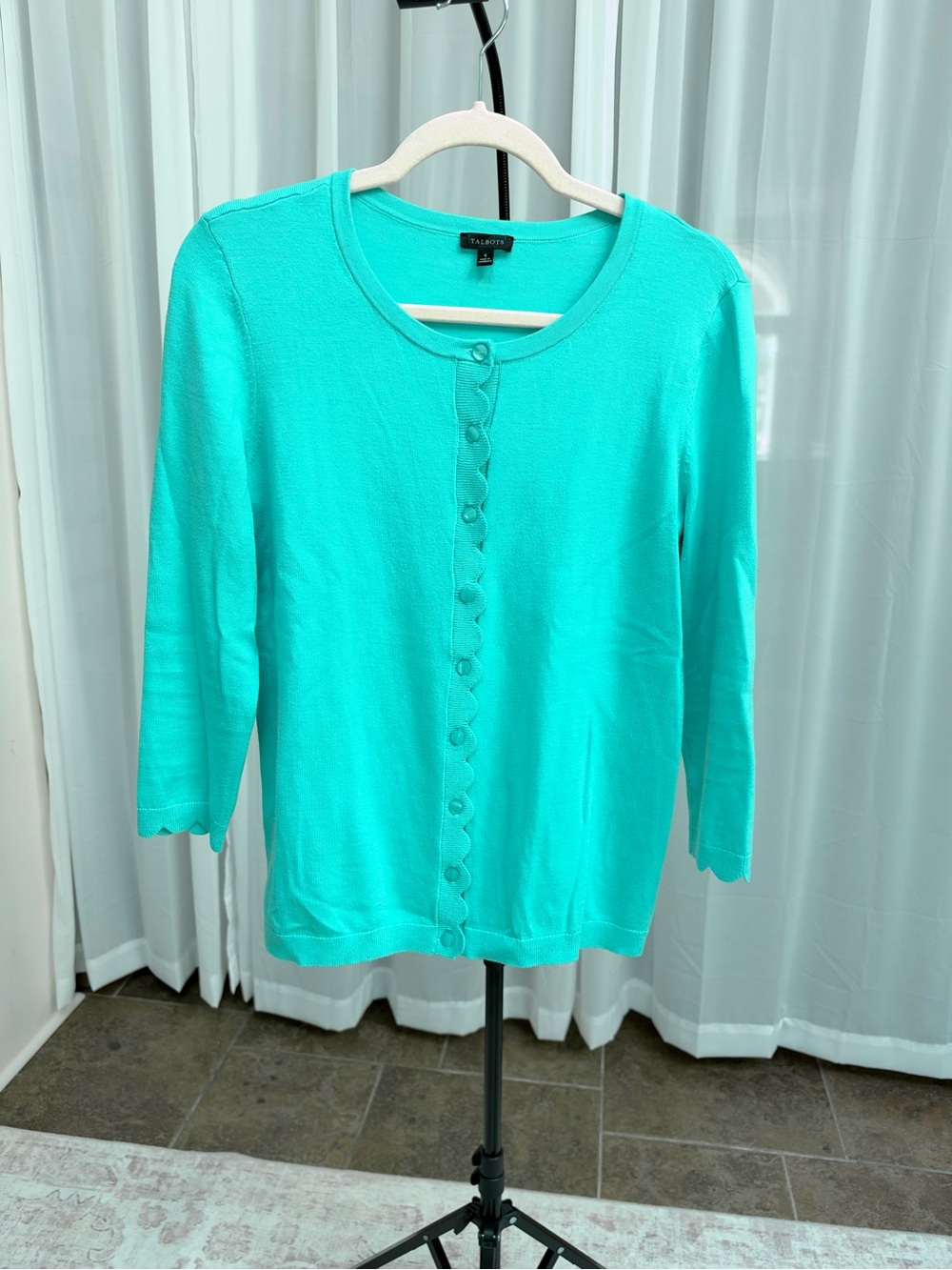 Talbots Turquoise Scalloped Cardigan Small 3/4 Sleeves Like New